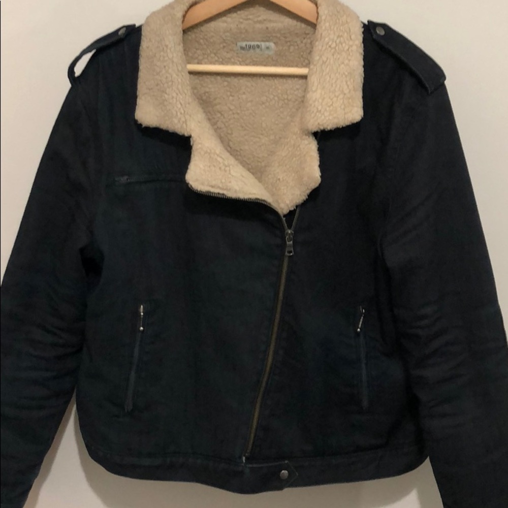 Dark denim Sherpa lined bomber jacket
